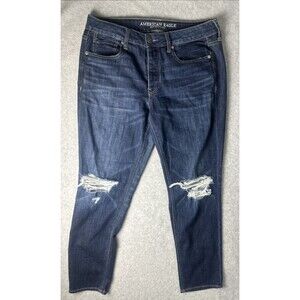 American Eagle Tomgirl Patchd Distrssd Dark Wsh Md Rise Strght LgJeans WMN 8